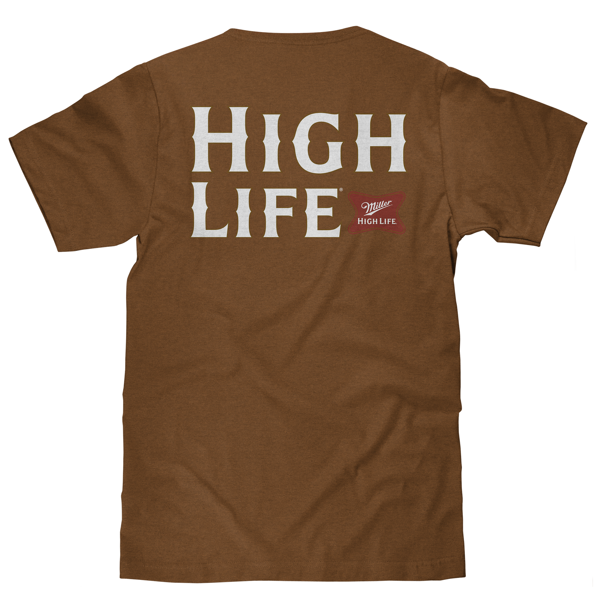 Brown t-shirt with 'HIGH LIFE' text on the back, featuring a logo, against a white background.