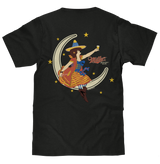 Black t-shirt with a colorful graphic of a woman on a crescent moon, holding a beer mug, with 'Miller' branding.