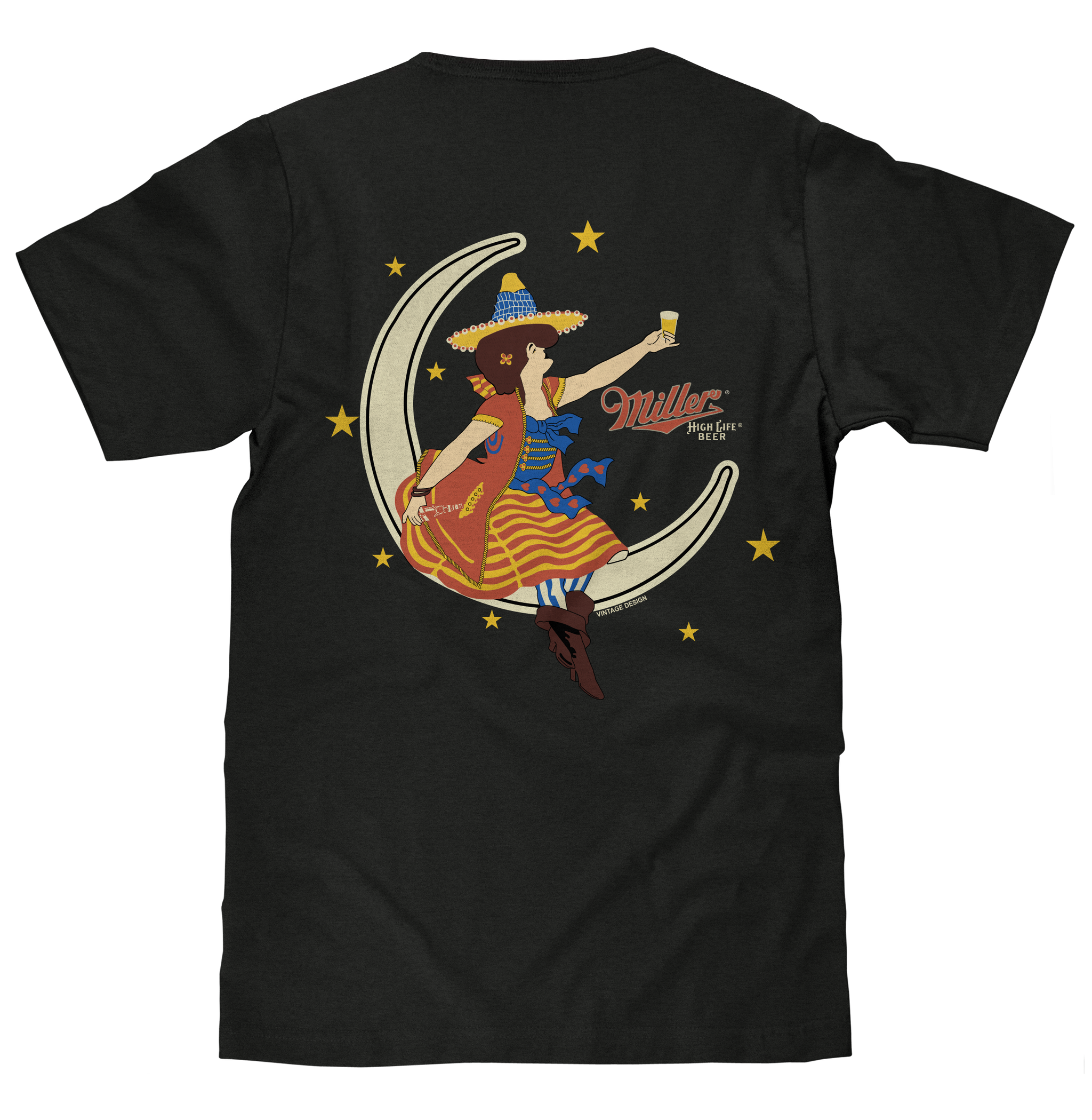 Black t-shirt with a colorful graphic of a woman on a crescent moon, holding a beer mug, with 'Miller' branding.