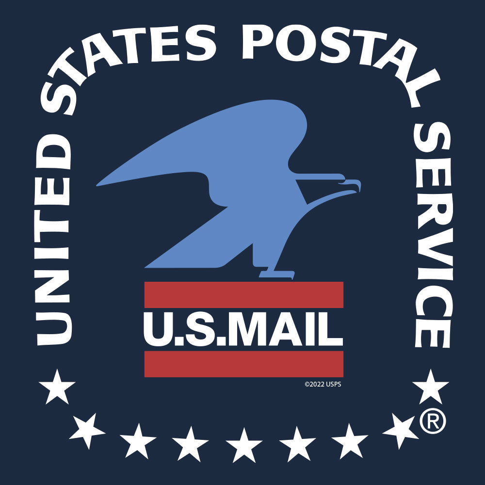 United States Postal Service logo with blue eagle and red bar on a navy background