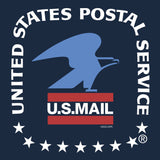 United States Postal Service logo with blue eagle and red bar on a navy background