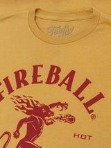 Yellow t-shirt with red 'Fireball' logo on a yellow background