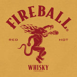 Fireball Whisky logo with red lion and flames on a yellow background