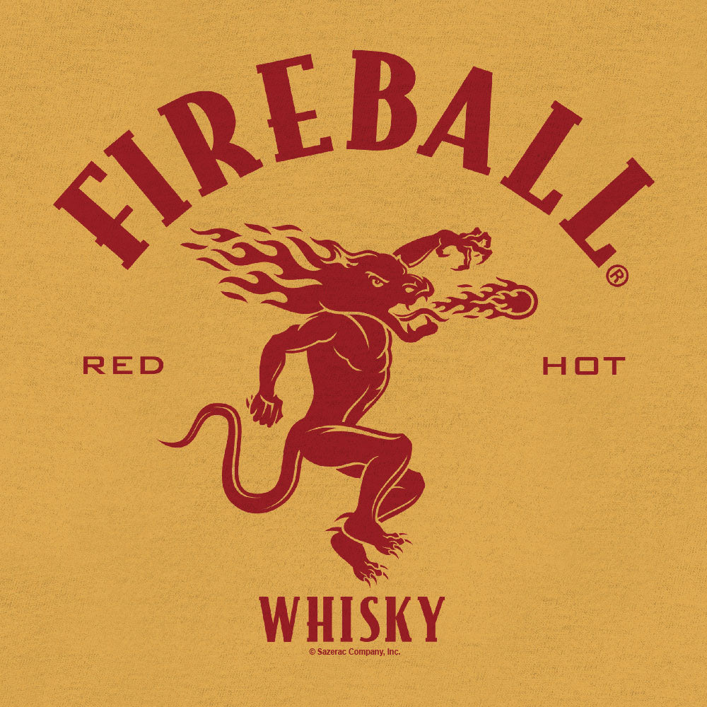 Fireball Whisky logo with red lion and flames on a yellow background