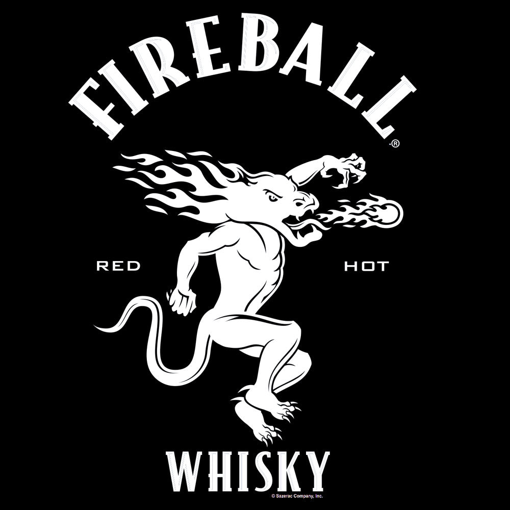 Fireball Whisky logo with a white dragon-like creature on a black background