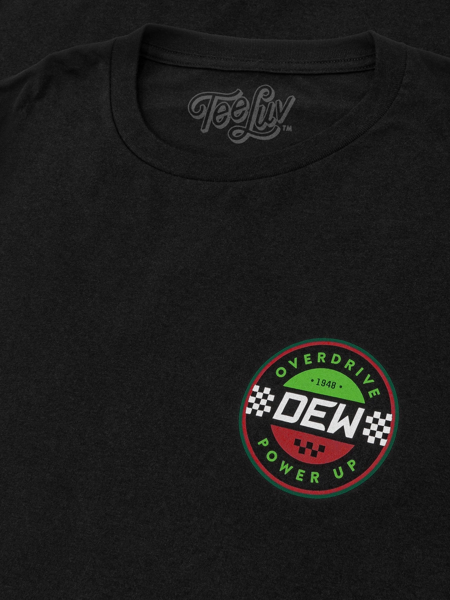 Black t-shirt with a colorful logo and 'Tee Luv' branding on a black background