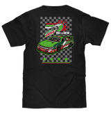 Black t-shirt with a green race car graphic and Mtn Dew logo on a white background