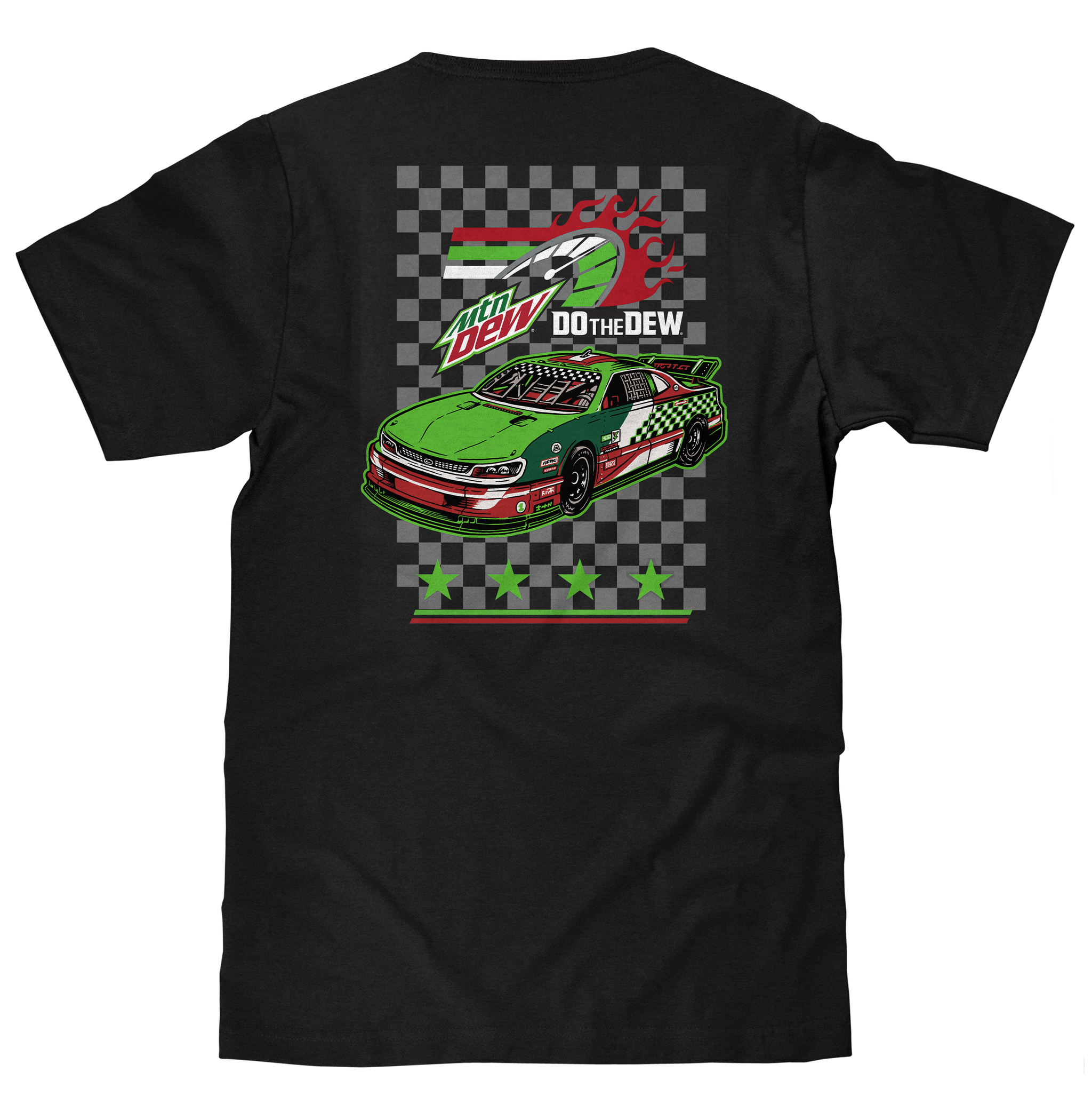Black t-shirt with a green race car graphic and Mtn Dew logo on a white background