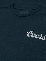 Navy blue t-shirt with 'Coors' logo on a dark background