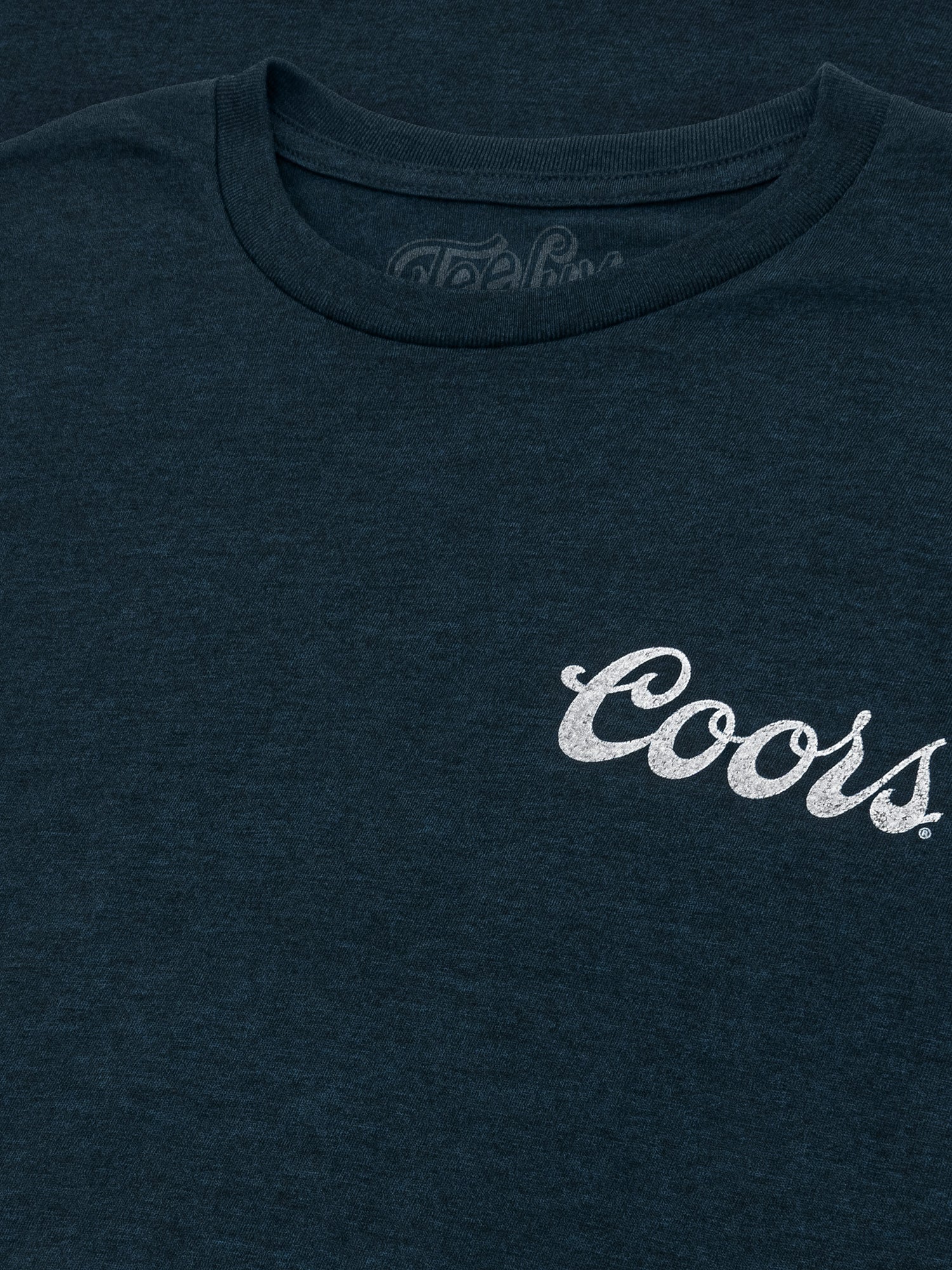 Navy blue t-shirt with 'Coors' logo on a dark background