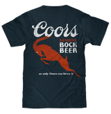 Black t-shirt with Coors Genuine Bock Beer graphic on a white background