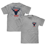 Gray t-shirt with Coors logo on front and back on a white background