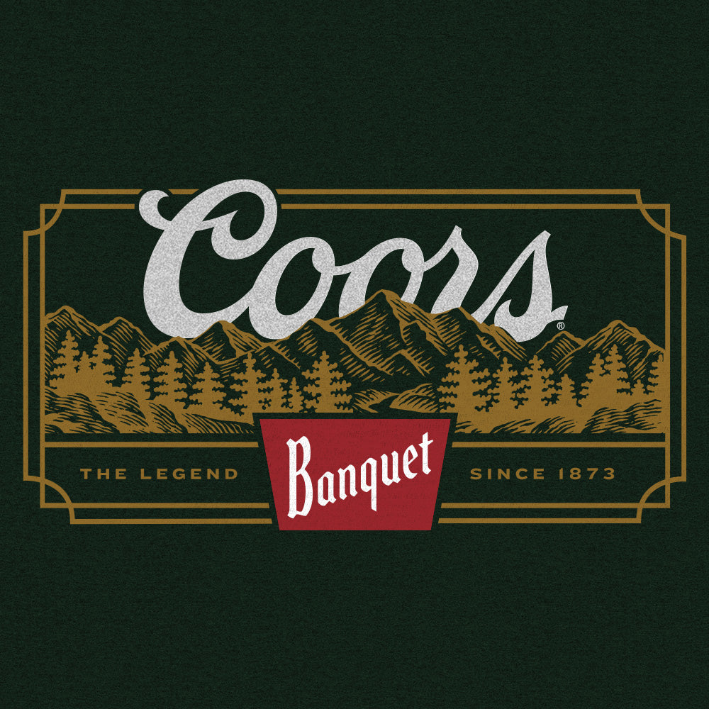 Coors Banquet logo with mountains and trees on a green background