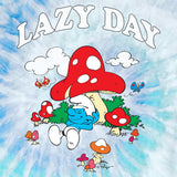 Cartoon character lounging under a large red mushroom with 'Lazy Day' text on a tie-dye background.