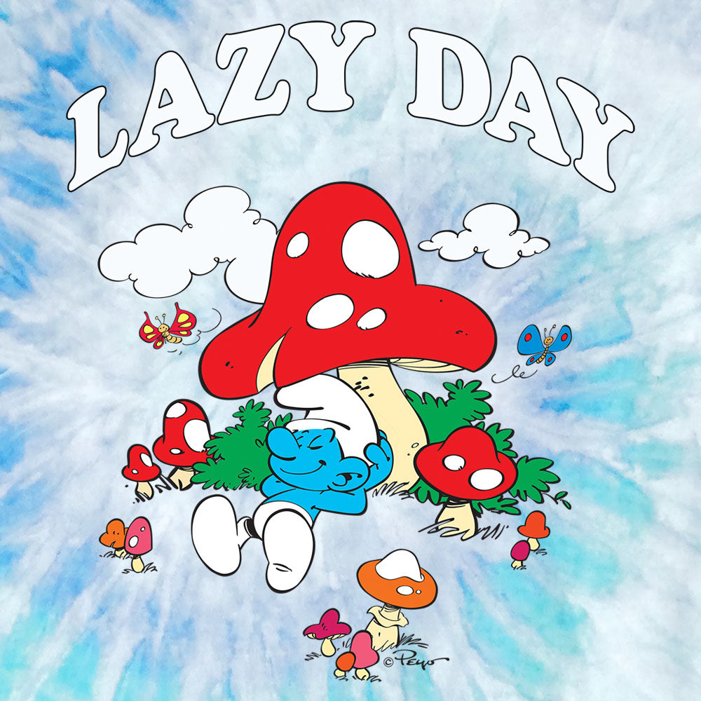 Cartoon character lounging under a large red mushroom with 'Lazy Day' text on a tie-dye background.