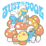 Smurf characters sitting on a mushroom with 'Just Be Cool' text