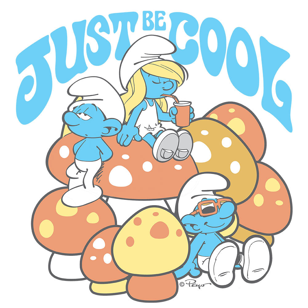 Smurf characters sitting on a mushroom with 'Just Be Cool' text