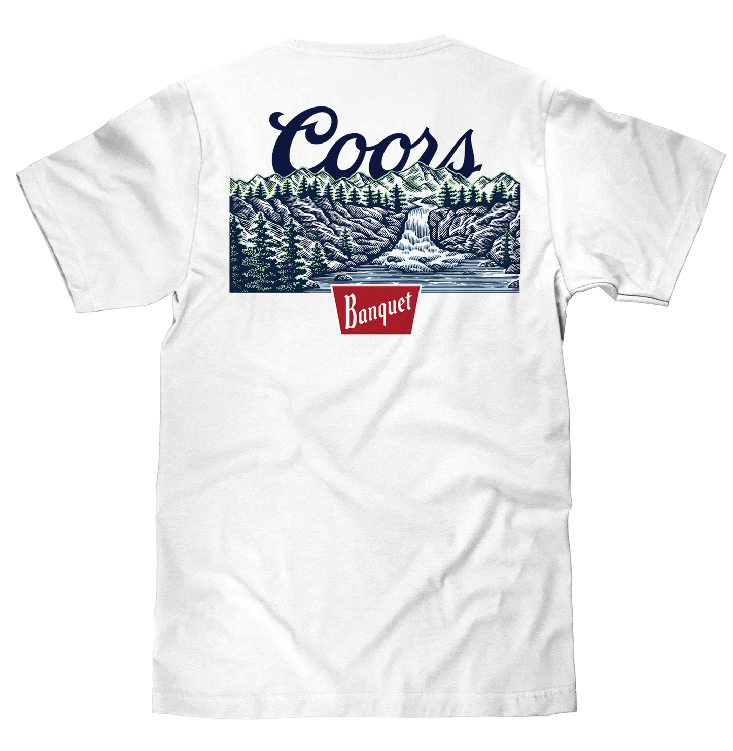White t-shirt with Coors Banquet logo and nature graphic on a white background