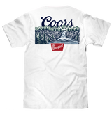 White t-shirt with Coors Banquet logo and nature graphic on a white background