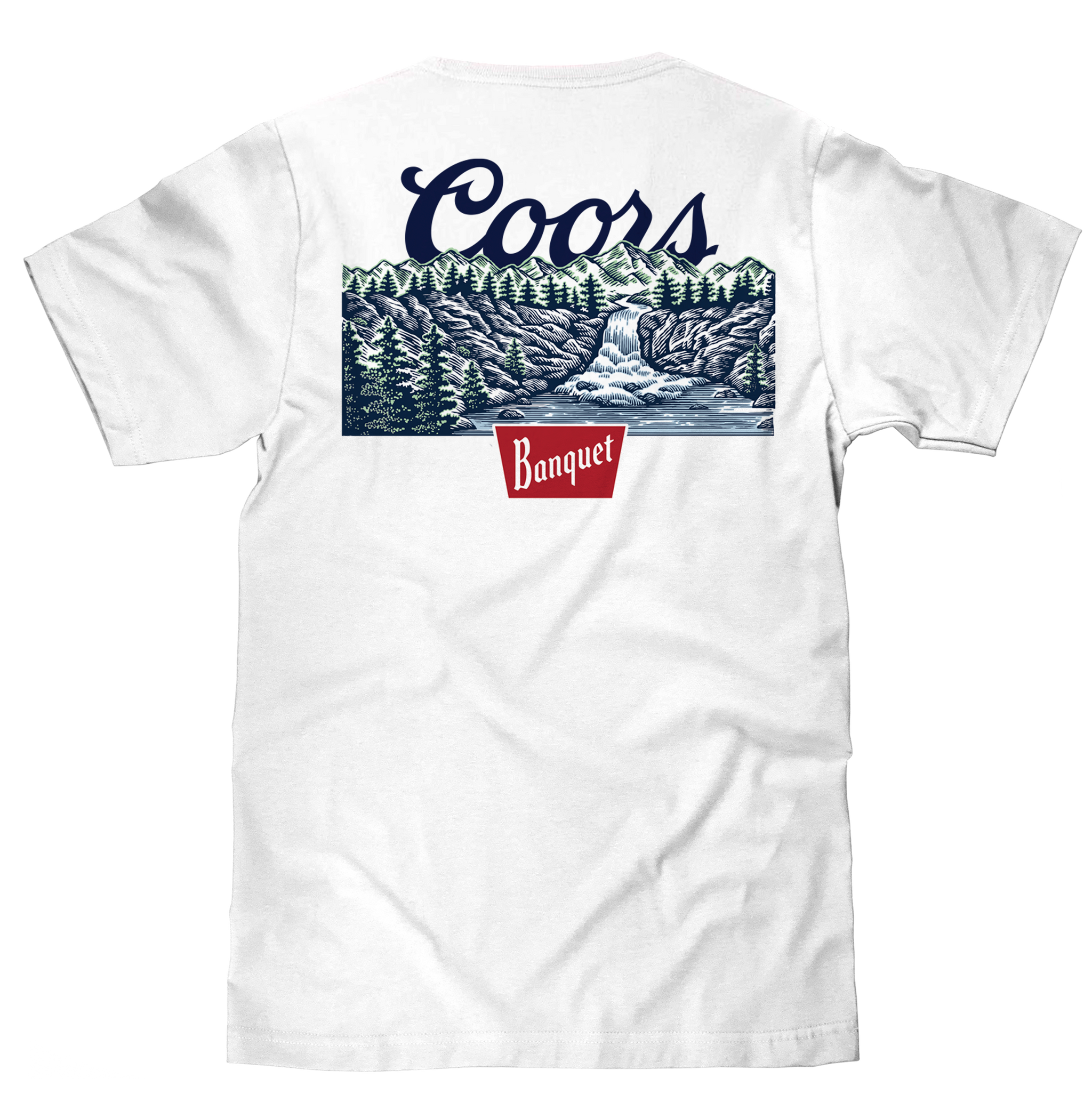 White t-shirt with Coors Banquet logo and nature graphic on a white background