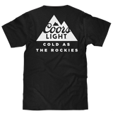 Black t-shirt with Coors Light logo and text on a white background