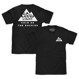 Black t-shirt with Coors Light logo and text on a white background
