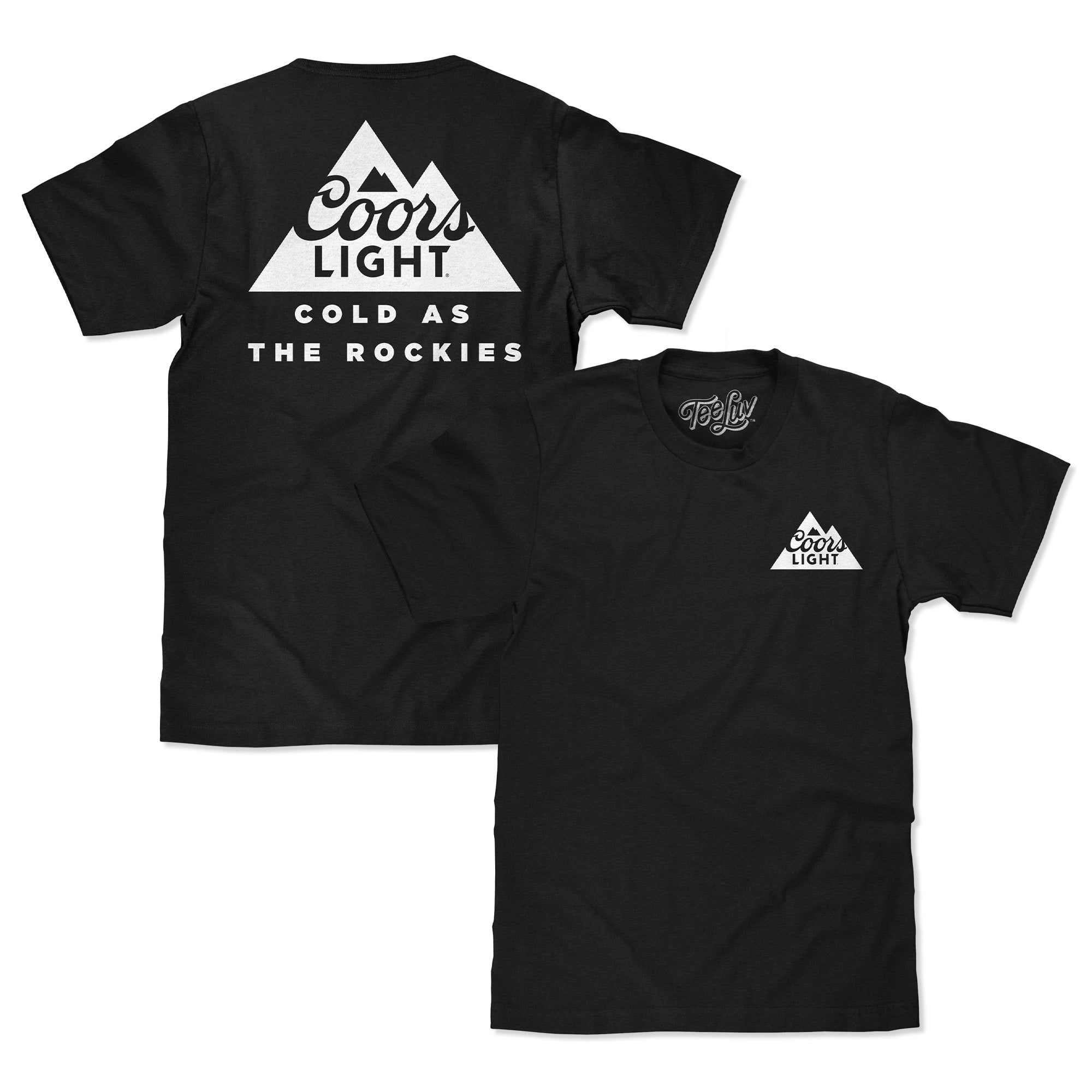 Black t-shirt with Coors Light logo and text on a white background