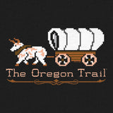 Pixel art of a goat pulling a wagon with 'The Oregon Trail' text on a black background