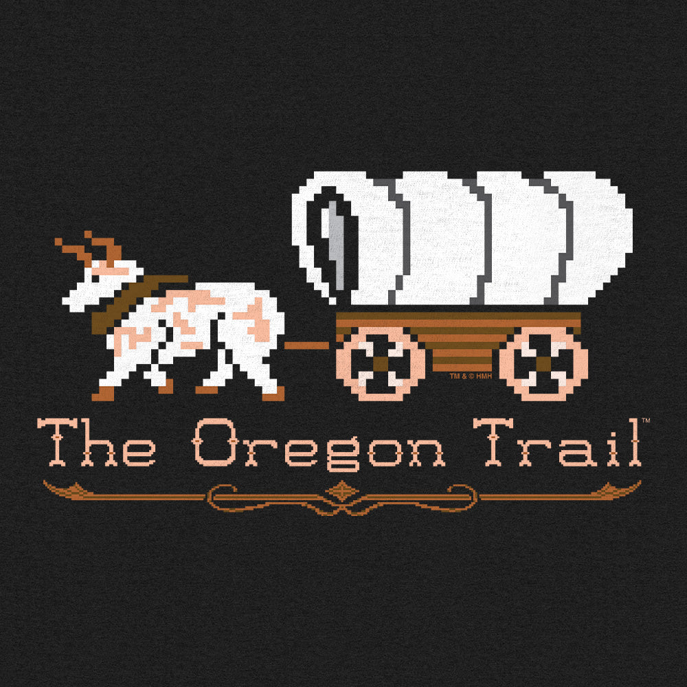 Pixel art of a goat pulling a wagon with 'The Oregon Trail' text on a black background