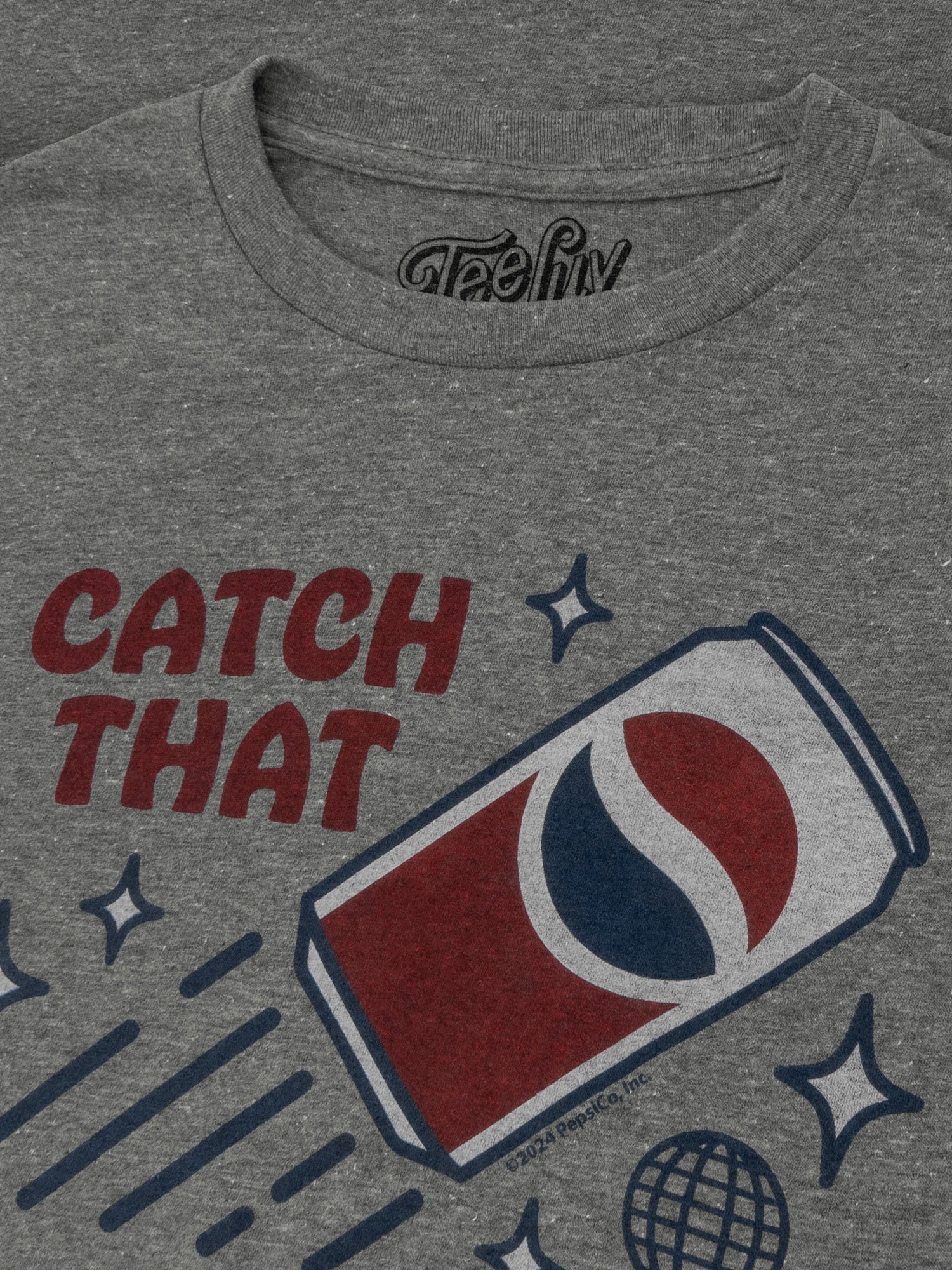 Gray t-shirt with 'Catch That' and Pepsi logo design on a plain background