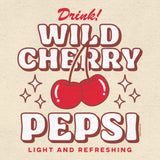 Vintage-style 'Wild Cherry Pepsi' advertisement with cherries and stars on a beige background.