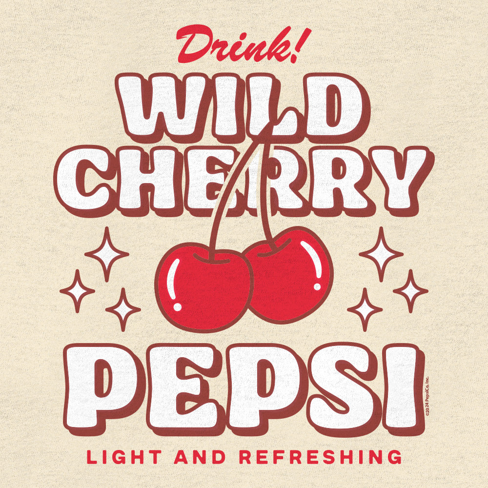 Vintage-style 'Wild Cherry Pepsi' advertisement with cherries and stars on a beige background.