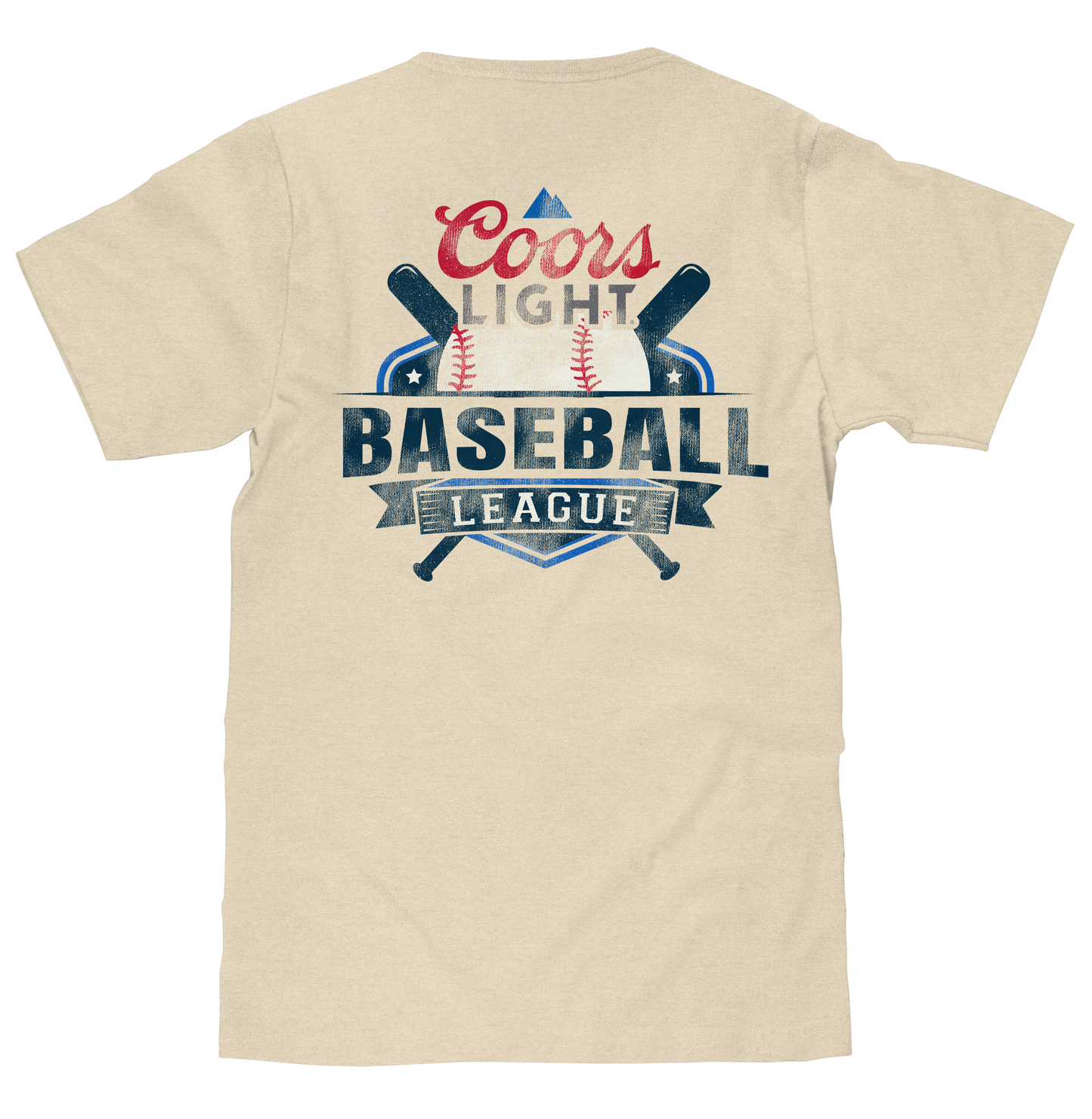 Beige t-shirt with Coors Light Baseball League graphic on a white background