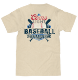 Beige t-shirt with Coors Light Baseball League graphic on a white background