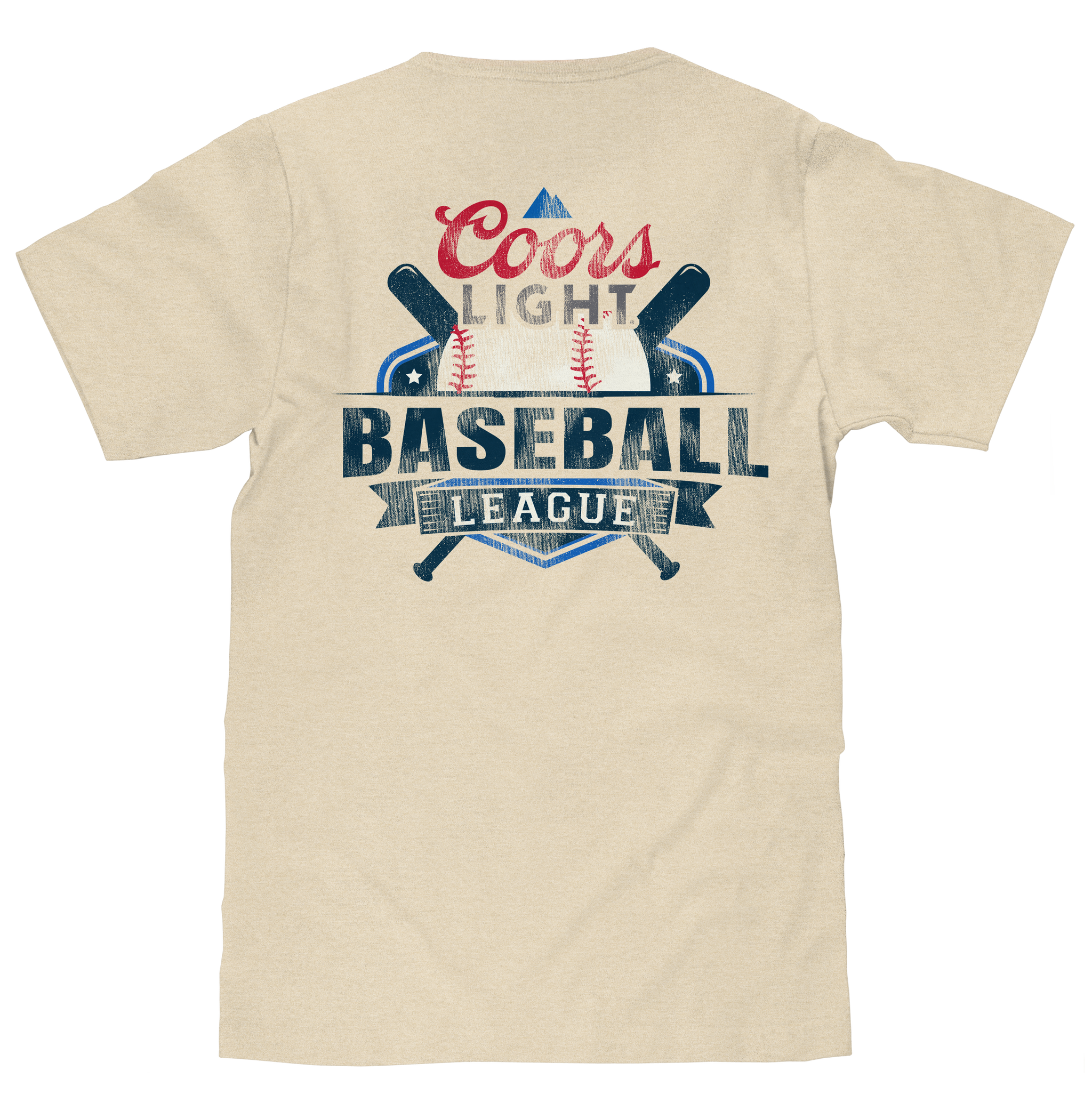 Beige t-shirt with Coors Light Baseball League graphic on a white background