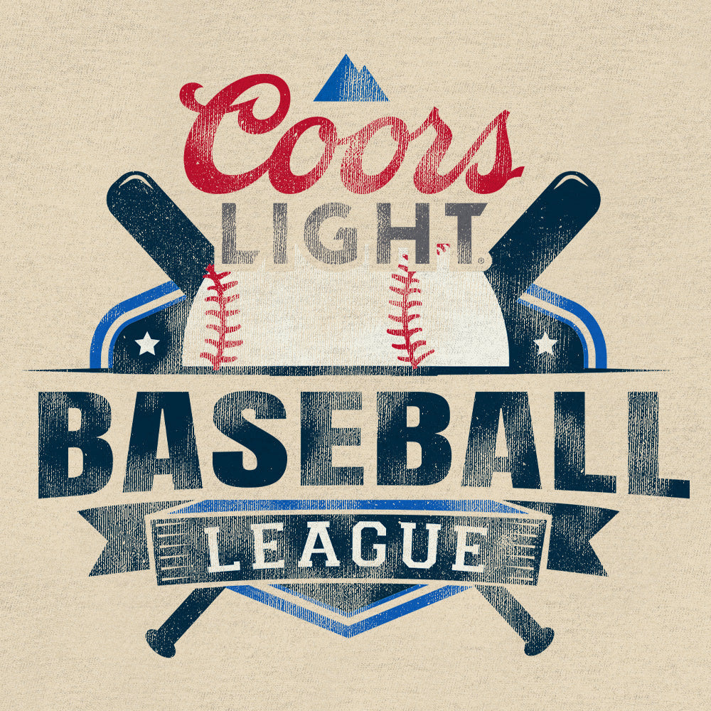 Coors Light Baseball League logo with baseball and bats on a beige background