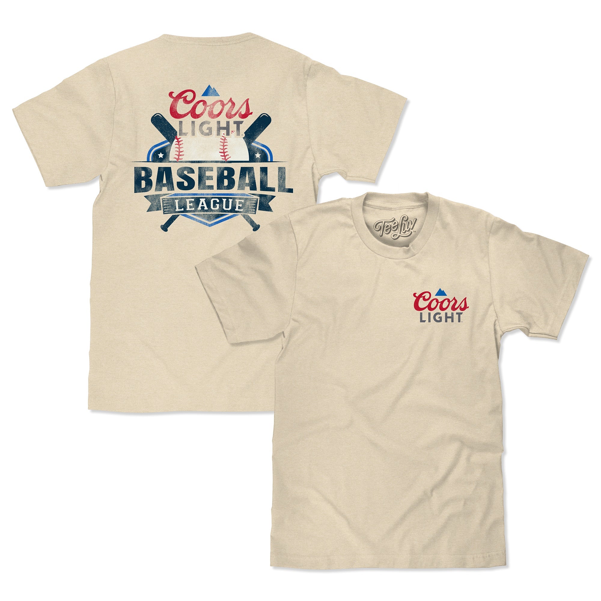Beige t-shirt with Coors Light Baseball League design on front and back