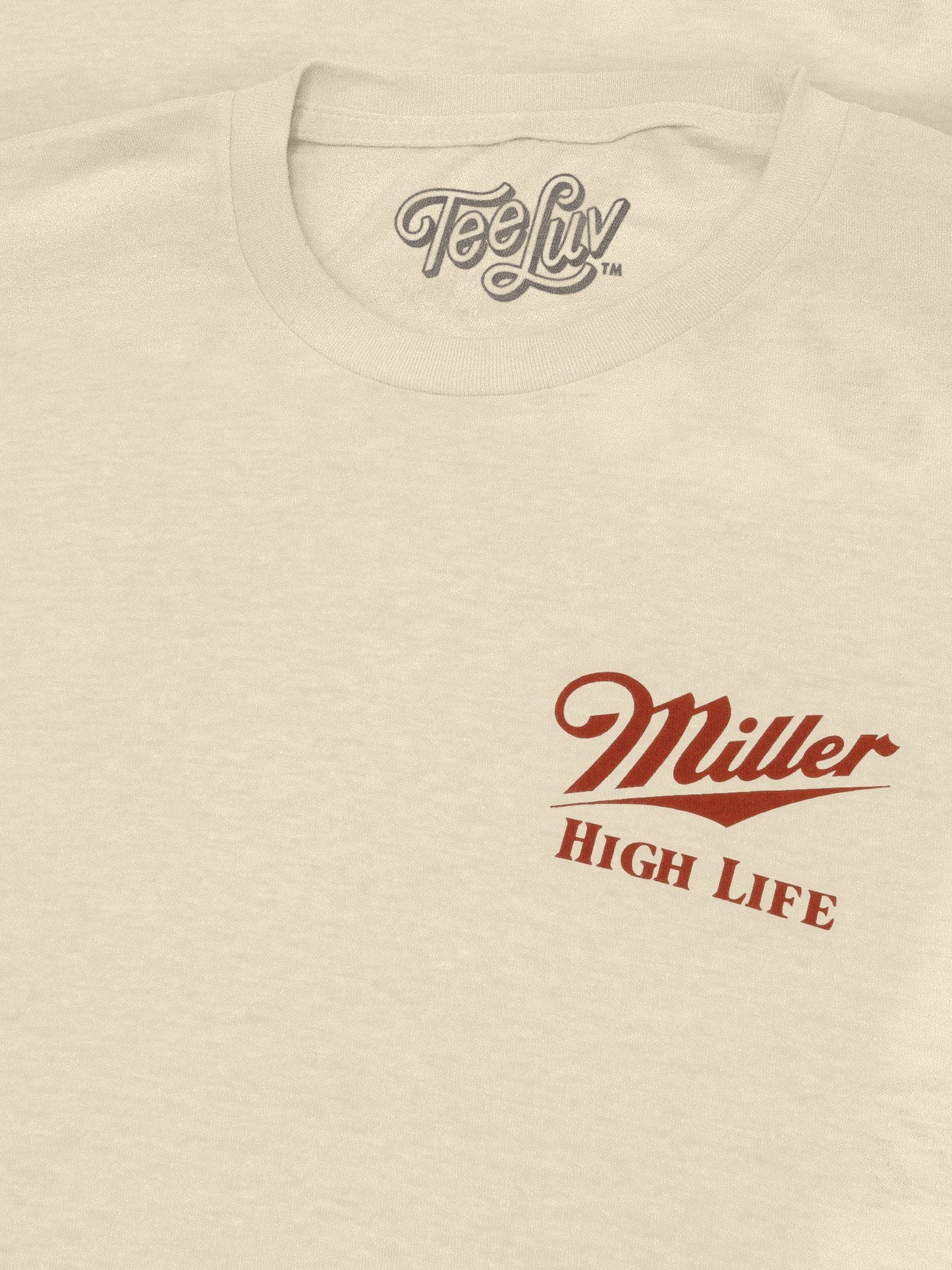 Beige t-shirt with 'Miller High Life' logo on a beige background