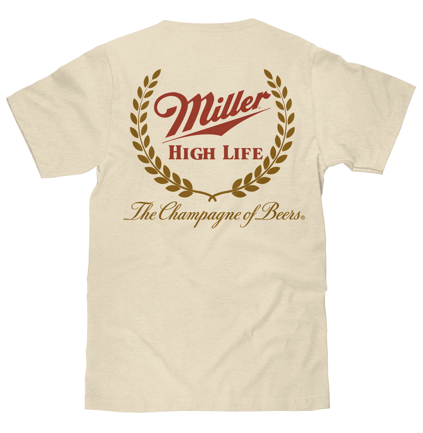 Beige t-shirt with Miller High Life logo on the back