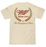 Beige t-shirt with Miller High Life logo on the back