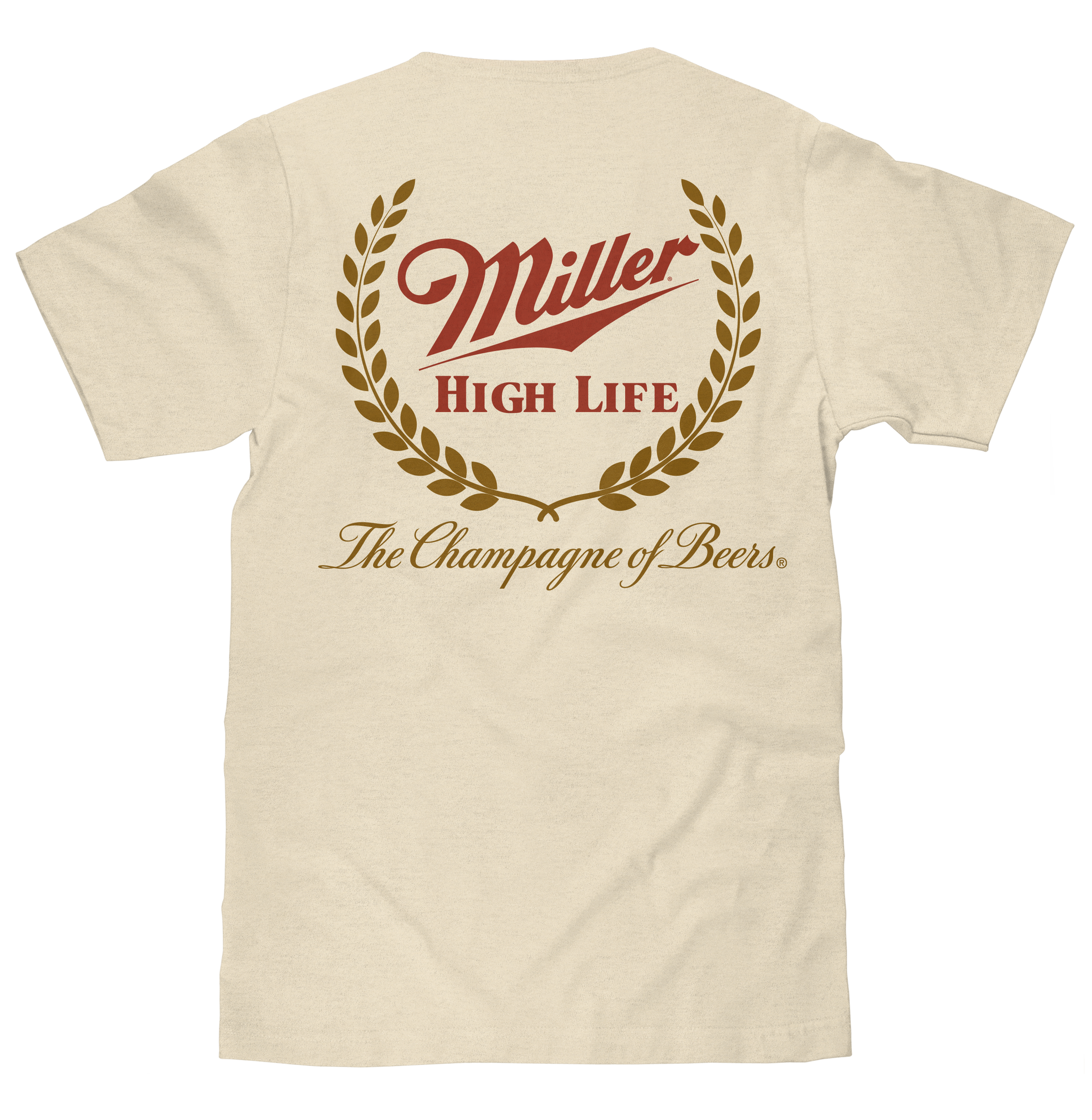 Beige t-shirt with Miller High Life logo on the back
