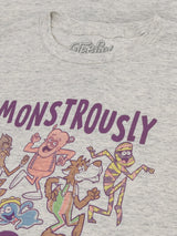 Gray t-shirt with cartoon characters and the word 'MONSTROUSLY' printed on it.
