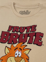 Beige t-shirt with cartoon lion and 'Frute Brute' text, brand 'Teefun' visible.
