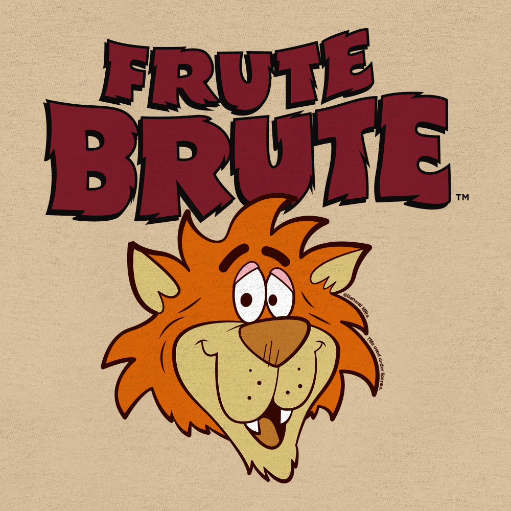 Cartoon lion face with 'Frute Brute' text on a beige background