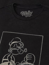 Black t-shirt with white graphic design and 'Teefly' branding on a black background