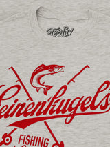 Gray t-shirt with red 'Heinenkugel's Fishing' design and 'Teefly' branding.