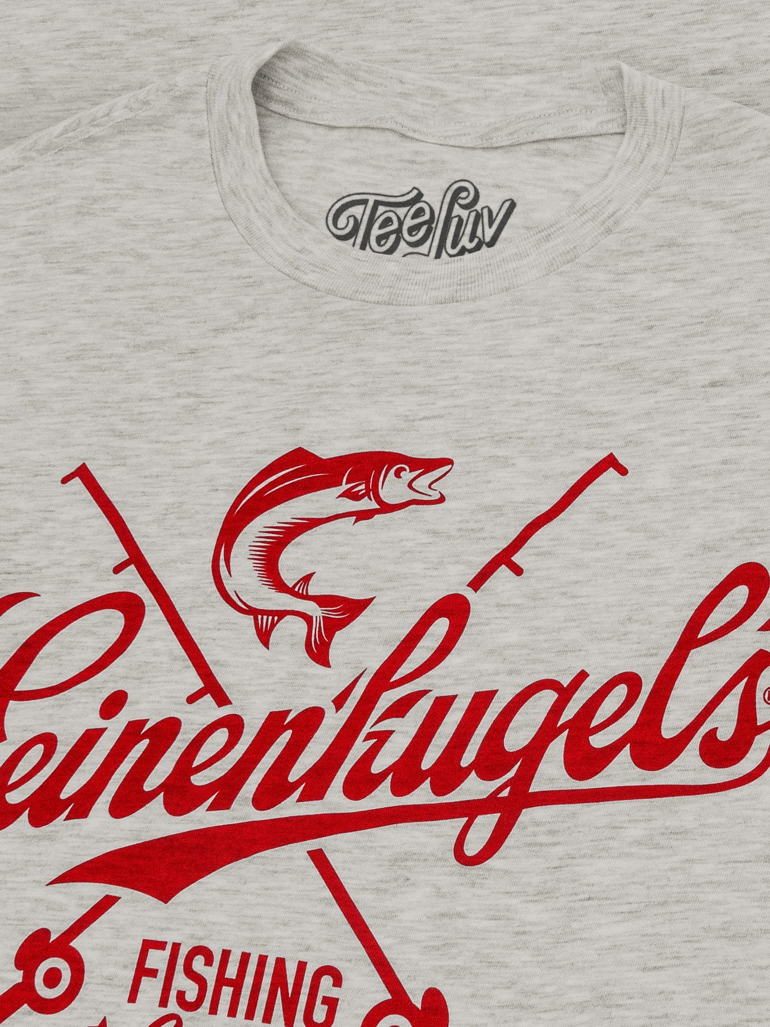 Gray t-shirt with red 'Heinenkugel's Fishing' design and 'Teefly' branding.