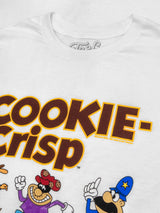 White t-shirt with 'Cookie Crisp' text and cartoon characters on a white background