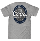 Gray t-shirt with Coors Banquet Beer logo on a white background