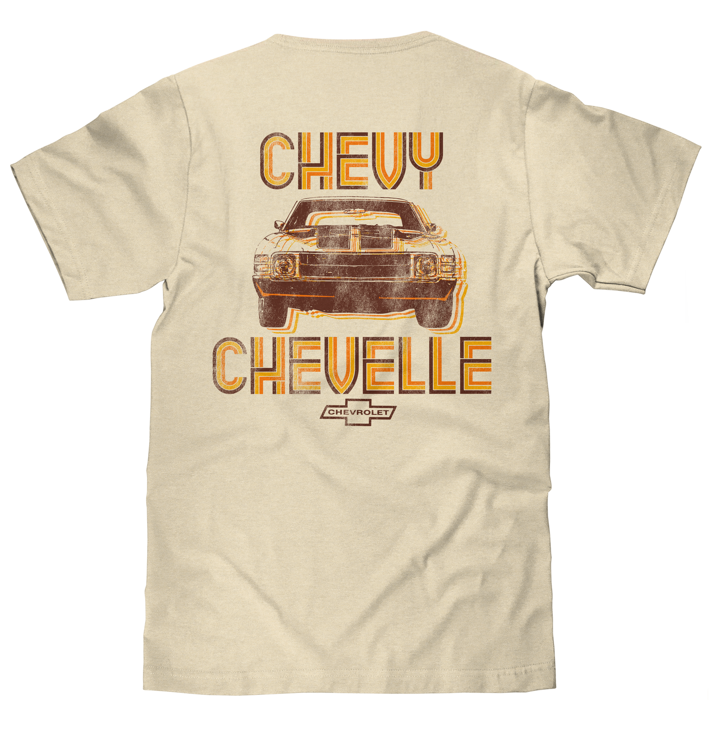 Beige t-shirt with vintage Chevrolet Chevelle graphic on the back